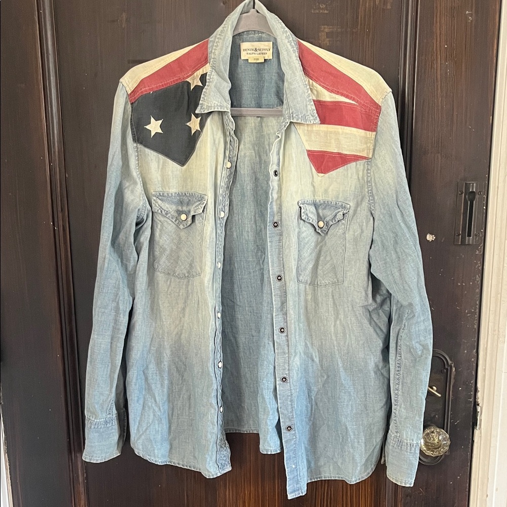 Americana Chambray Denim & Supply Blue Jean Jacket Western Shirt American Flag